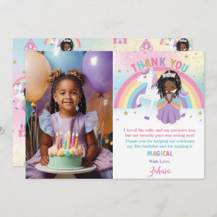 Carte De Remerciements Jolie Princesse Brown Rainbow Unicorn Photo Annive