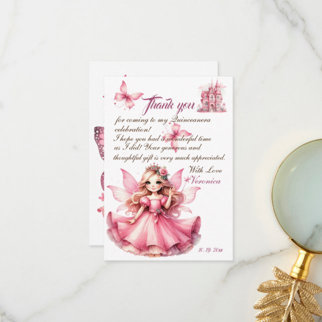 Carte De Remerciements Jolie princesse fée de château rose aquarelle (Devant/Arrière en situation)