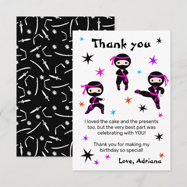 Carte De Remerciements Jolies Filles Ninja Warrior Rose Fête d'Anniversai (Devant / Derrière)
