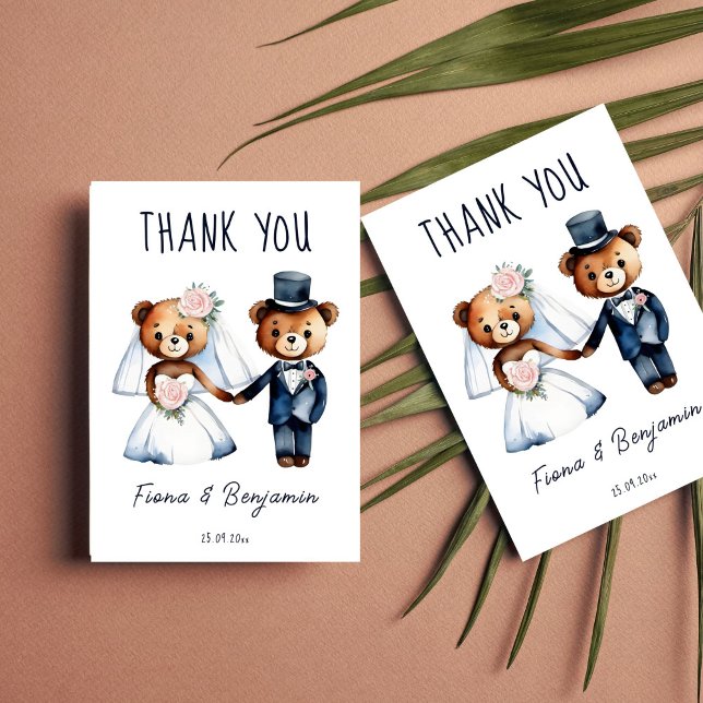 Carte De Remerciements Jolis ours en peluche couple marié remerciement de (Cute whimsical funny teddy bears dressed as bride and groom wedding thank you card template)