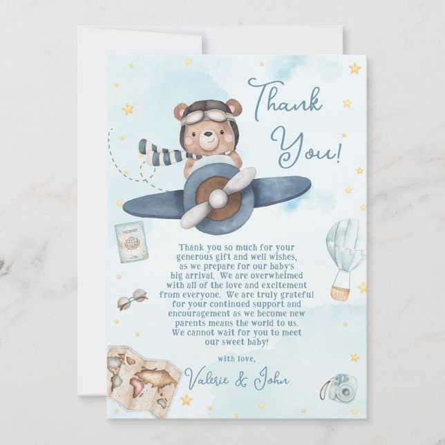 Carte De Remerciements Jote Pilote Teddy Bear Blue Plane Baby shower garç (Devant)