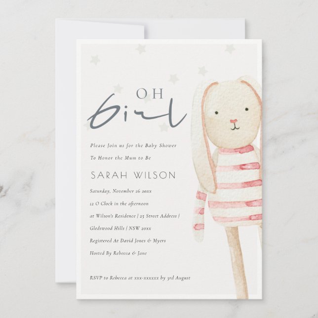Carte De Remerciements Jouet rose lapin Doux Oh fille Baby shower Invitat (Devant)