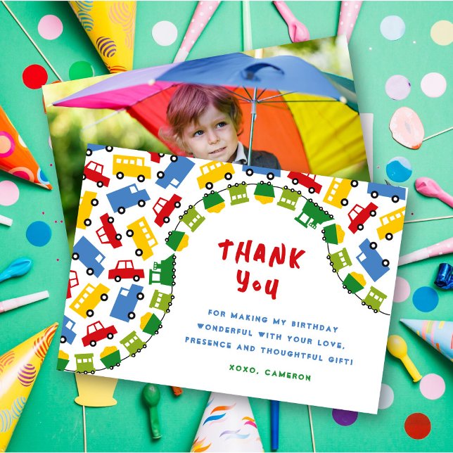 Carte De Remerciements Jouets pour garçons Transport amusant Voiture Trai (Boys Toys Colorful Transport Car Train Bus Truck Kid's Birthday Party Photo Thank You Card)