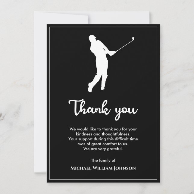 Carte De Remerciements Joueur de golf Black and White Memorial (Devant)