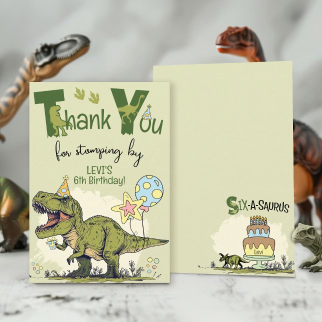 Carte De Remerciements Joyeuse fête de 6 ans Six-A-Saurus Dinosaure TRex  (Cute 6-Rex T-Rex Dinosaur Six-A-Saurus sixth Jurassic Dino 6th boy birthday party thank you stomping)