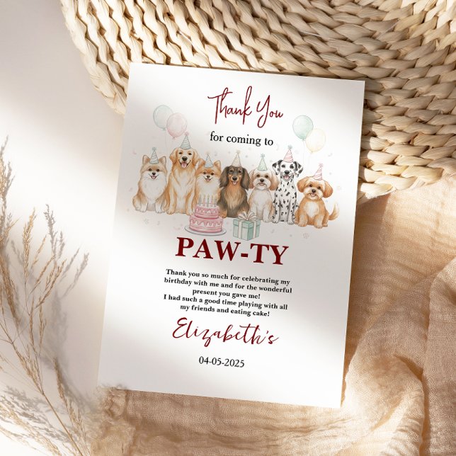 Carte De Remerciements Joyeux 1er anniversaire au petit garçon au chiot m (Cute Puppy Dog Boy 1st Birthday | Pawty Time First Thank You Card
)