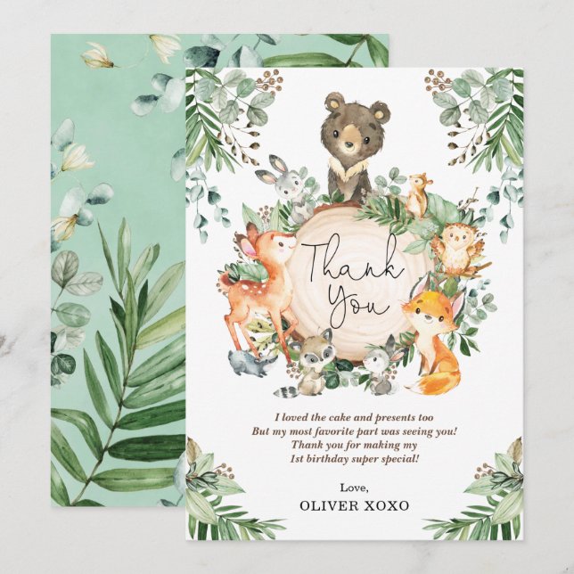 Carte De Remerciements Joyeux anniversaire Animaux mignons de la forêt de (Devant / Derrière)