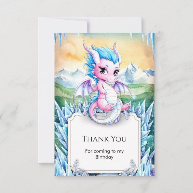 Carte De Remerciements Joyeux Anniversaire au joli dragon de glace enchan (Devant)