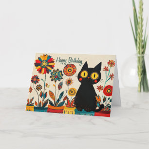 Carte De Remerciements Joyeux Anniversaire Chat Noir avec Fleurs