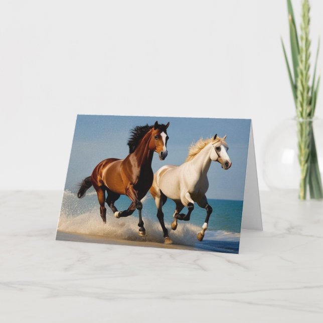 Carte De Remerciements Joyeux Anniversaire deux galop à cheval à la plage (Devant)