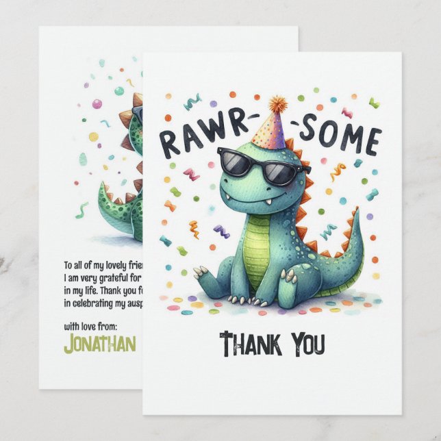 Carte De Remerciements Joyeux Anniversaire Enfant “Rawr-some” Dinosaure M (Devant / Derrière)
