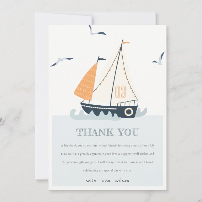 Carte De Remerciements Joyeux Anniversaire Enfants Pastel Bateau à Voile  (Devant)