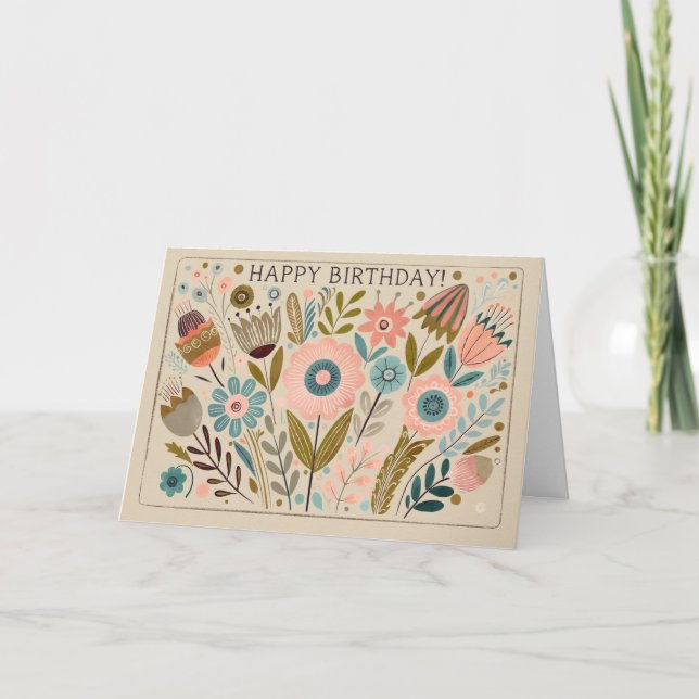 Carte De Remerciements Joyeux Anniversaire Gouache Gouache Folk Art Flora (Devant)