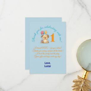 Carte De Remerciements Joyeux chiot, 1er anniversaire, garçon, fête, plat