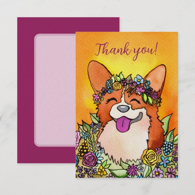 Carte De Remerciements Joyeux Corgi Aux Fleurs (Devant / Derrière)