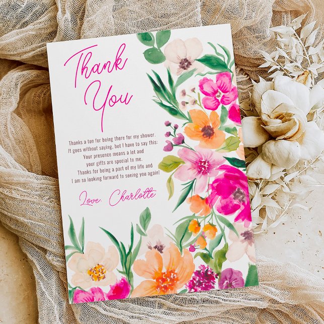 Carte De Remerciements Joyeux et audacieux fleurs sauvages script shower  (Bright bold wild flowers script bridal shower thank you card on white)
