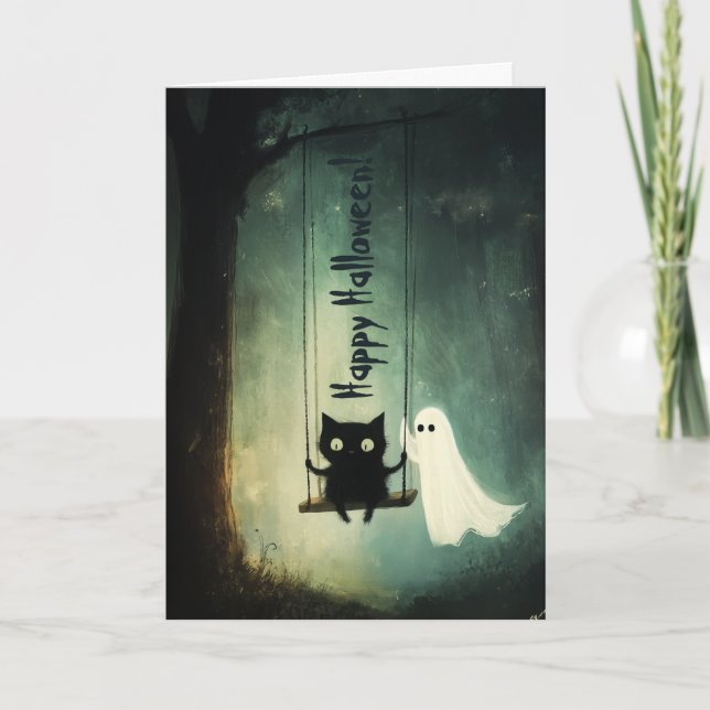 Carte De Remerciements Joyeux Fantôme d'Halloween et Chat à coudre (Devant)