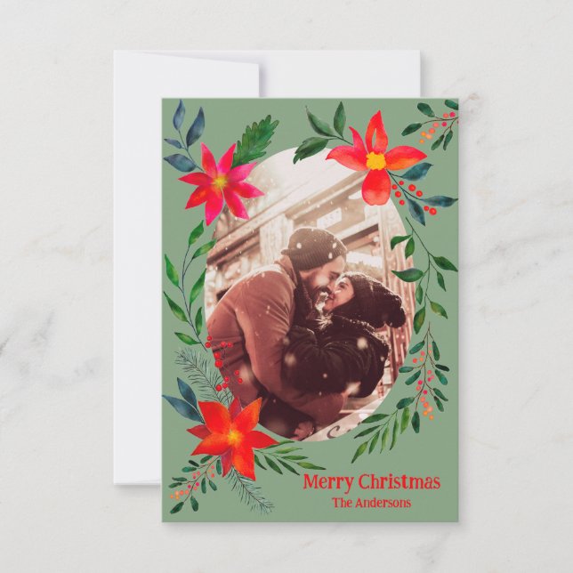 Carte De Remerciements Joyeux Noël 1 Photo Aquarelle Fête Florale (Devant)