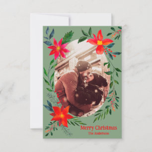 Carte De Remerciements Joyeux Noël 1 Photo Aquarelle Floral Fêtes