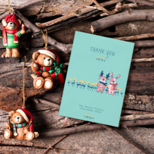 Carte De Remerciements Joyeux Noël – Renne et lapin sur fond sarcelle