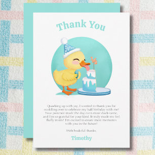 Carte De Remerciements Joyeux semi-anniversaire bébé canard avec gâteau d