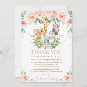 Carte De Remerciements Jungle Animal Safari rose Blush Baby shower Floral