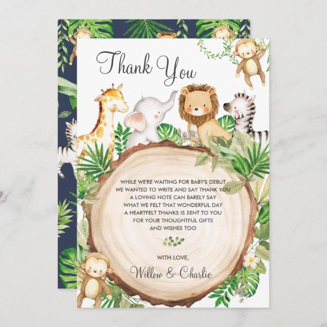 Carte De Remerciements Jungle Animaux Baby shower Verdure Safari Garçon (Devant / Derrière)