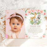 Carte De Remerciements Jungle Animaux Blush Floral 1er Anniversaire Photo<br><div class="desc">Personnalisez cette jolie carte de remerciement de 1er anniversaire avec votre propre libellé facilement et rapidement, appuyez simplement sur le bouton customiser pour réorganiser et formater le style et le placement du texte. Doté d'adorable aquarelle bébé éléphant, lion, girafe, zèbre et magnifique rose floral. Tous les textes sont modifiables !...</div>