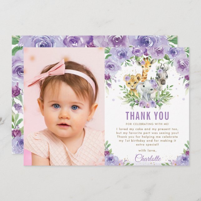 Carte De Remerciements Jungle Animaux Purple Floral 1er Anniversaire Phot (Devant / Derrière)
