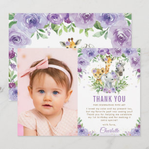 Carte De Remerciements Jungle Animaux Purple Floral 1er Anniversaire Phot