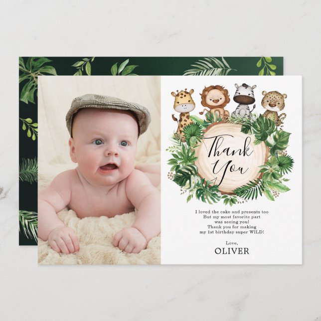 Carte De Remerciements Jungle Animaux Safari Végétation Photo Anniversair (Devant / Derrière)