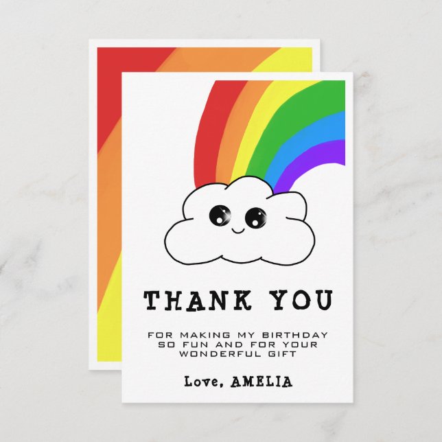 Carte De Remerciements Kawaii Cloud Rainbow Girly Anniversaire de enfant (Devant / Derrière)