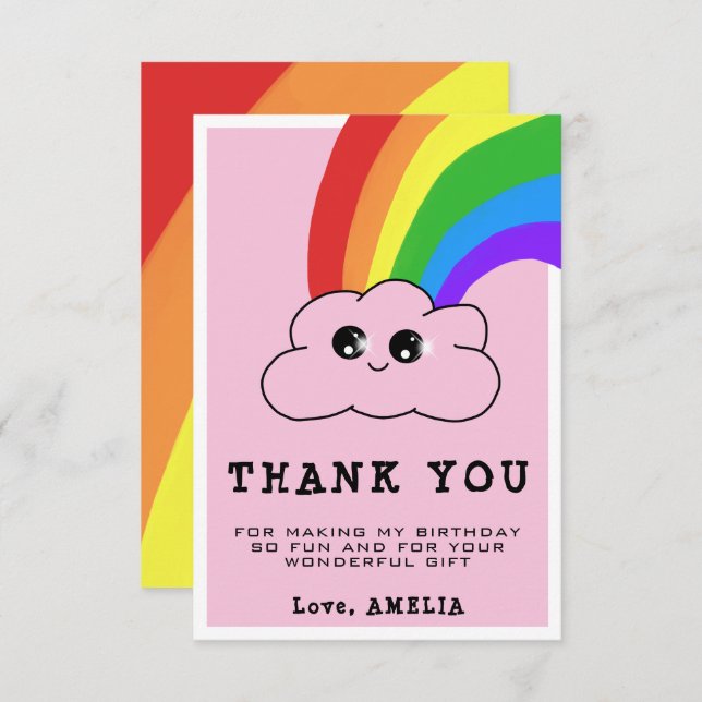Carte De Remerciements Kawaii Cloud Rainbow Girly Pink Anniversaire de en (Devant / Derrière)