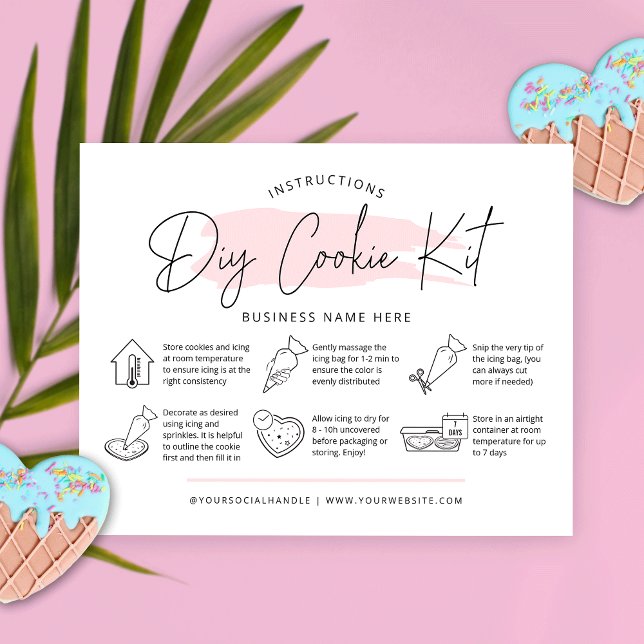 Carte De Remerciements Kit de décoration biscuit Instructions Aquarelle r (Cookie decorating kit care cards with blush pink watercolor background and care icons)