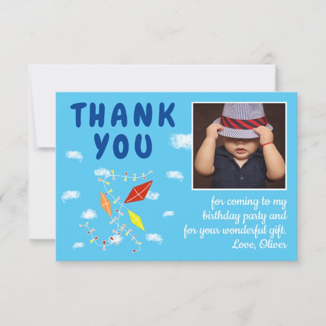 Carte De Remerciements Kites Clouds Blue Kids Photo Anniversaire (Devant)