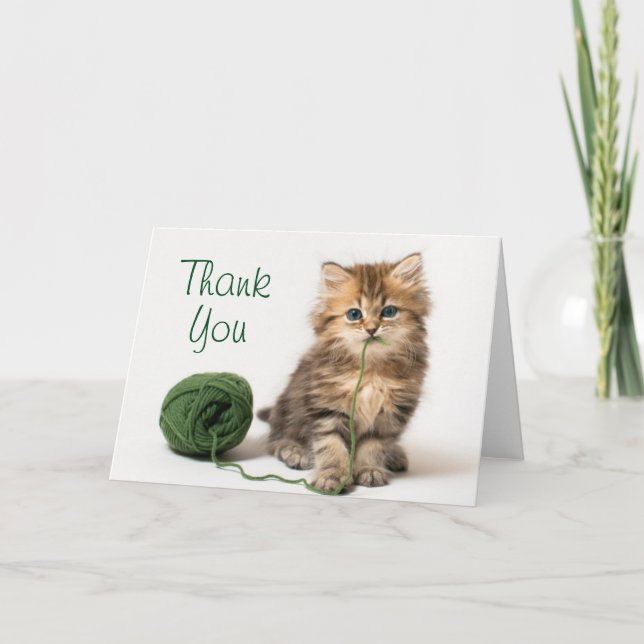 Carte De Remerciements Kitten With Green Yarn (Devant)