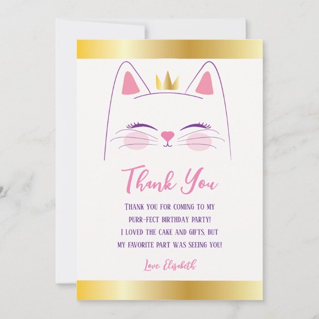 Carte De Remerciements Kitty Chat rose et or fête d'anniversaire (Devant)