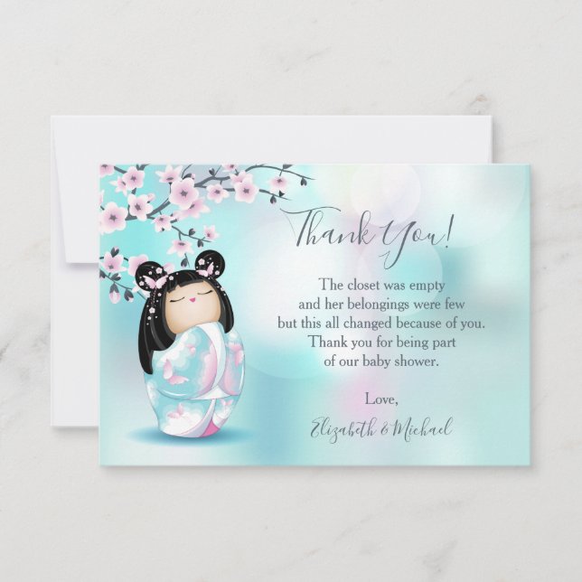 Carte De Remerciements Kokeshi Doll Turquoise Girl Baby shower (Devant)