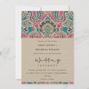 CARTE DE REMERCIEMENTS KRAFT BOHO TRIBAL IKAT PINK INVITE TURQUOISE MARIA