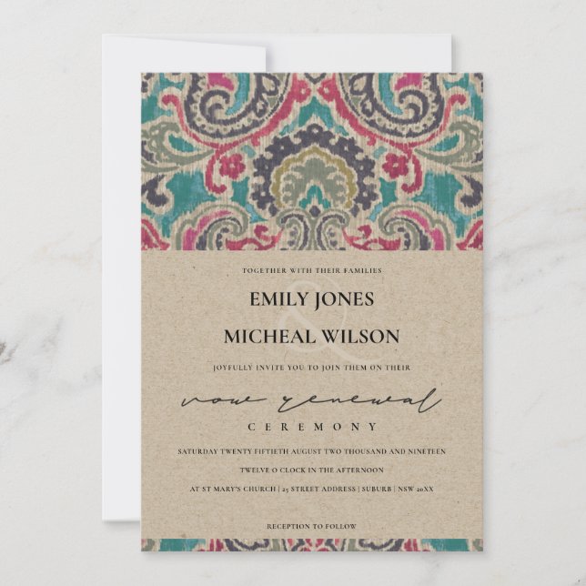 CARTE DE REMERCIEMENTS KRAFT BOHO TRIBAL IKAT PINK VOW RENOUVELLEMENT INV (Devant)