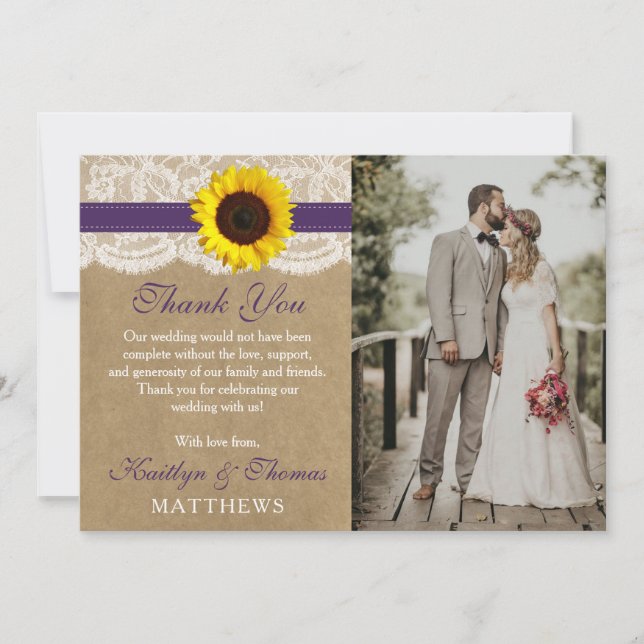 Carte De Remerciements La collection de mariage tournesol Rustic Kraft (Devant)