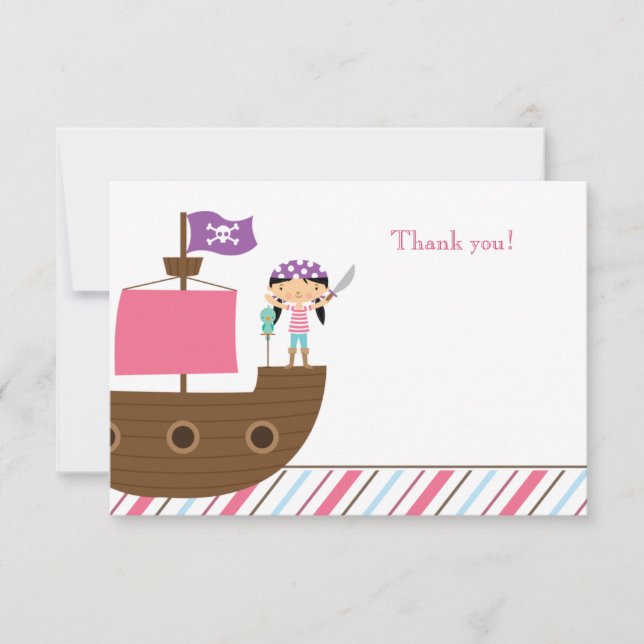 Carte De Remerciements La fête d'anniversaire du pirate de la fille rose (Devant)