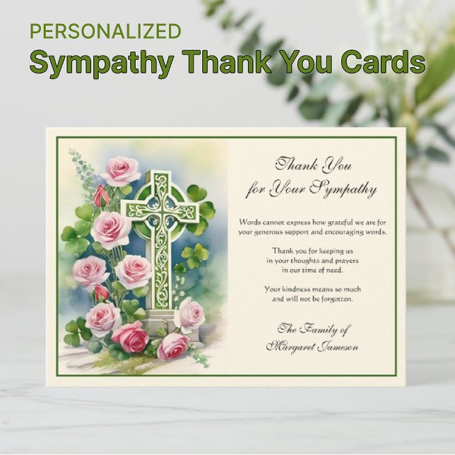Carte De Remerciements La sympathie des Shamrocks de la Croix Celte irlan (Irish Celtic Cross with pink roses sympathy condolence thank you cards)