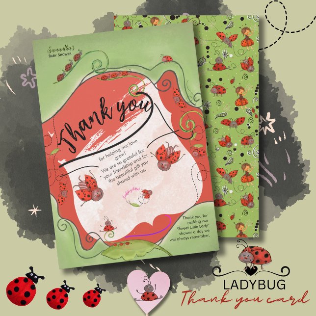 Carte De Remerciements Ladybug Kisses Whimsical Face Baby Shower (Ladybug Kisses Whimsical Face Baby Shower Thank You Card)