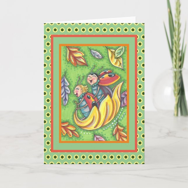 CARTE DE REMERCIEMENTS LADYBUGS RIDING ON FALLING AUTUMN LEAVES, FUN BUG (Devant)