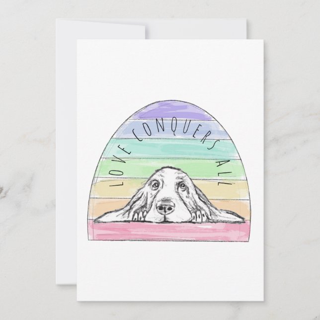 Carte De Remerciements l'amour conquiert tout chien arc-en-ciel basset ho (Devant)