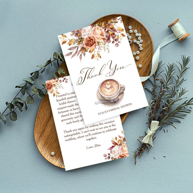 Carte De Remerciements L'amour prépare du café shower de mariage d'automn (Love is brewing coffee fall bridal shower thank you card cappuccino boho flowers thank you cards)