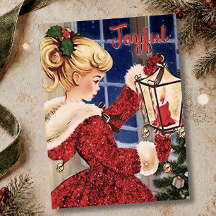 Carte De Remerciements Lampe à bougie de Noël vintage fille rouge paillet
