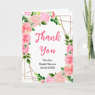 Carte De Remerciements Lancement de Mariée aux Roses Roses avec Feuillage