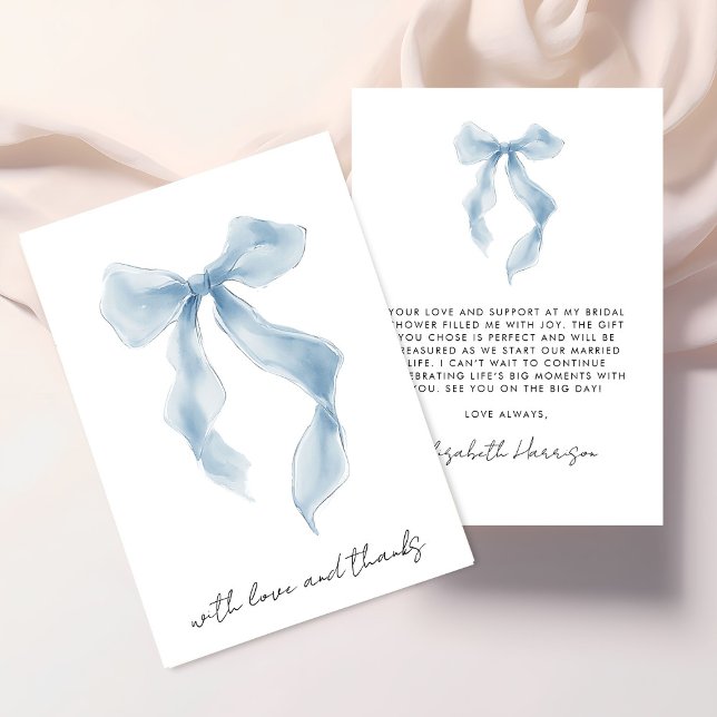 Carte De Remerciements Lancer d'eau élégant en nœud bleu pour une douche  (Elegant Blue Bow Watercolor Bridal Shower Thank You Card)